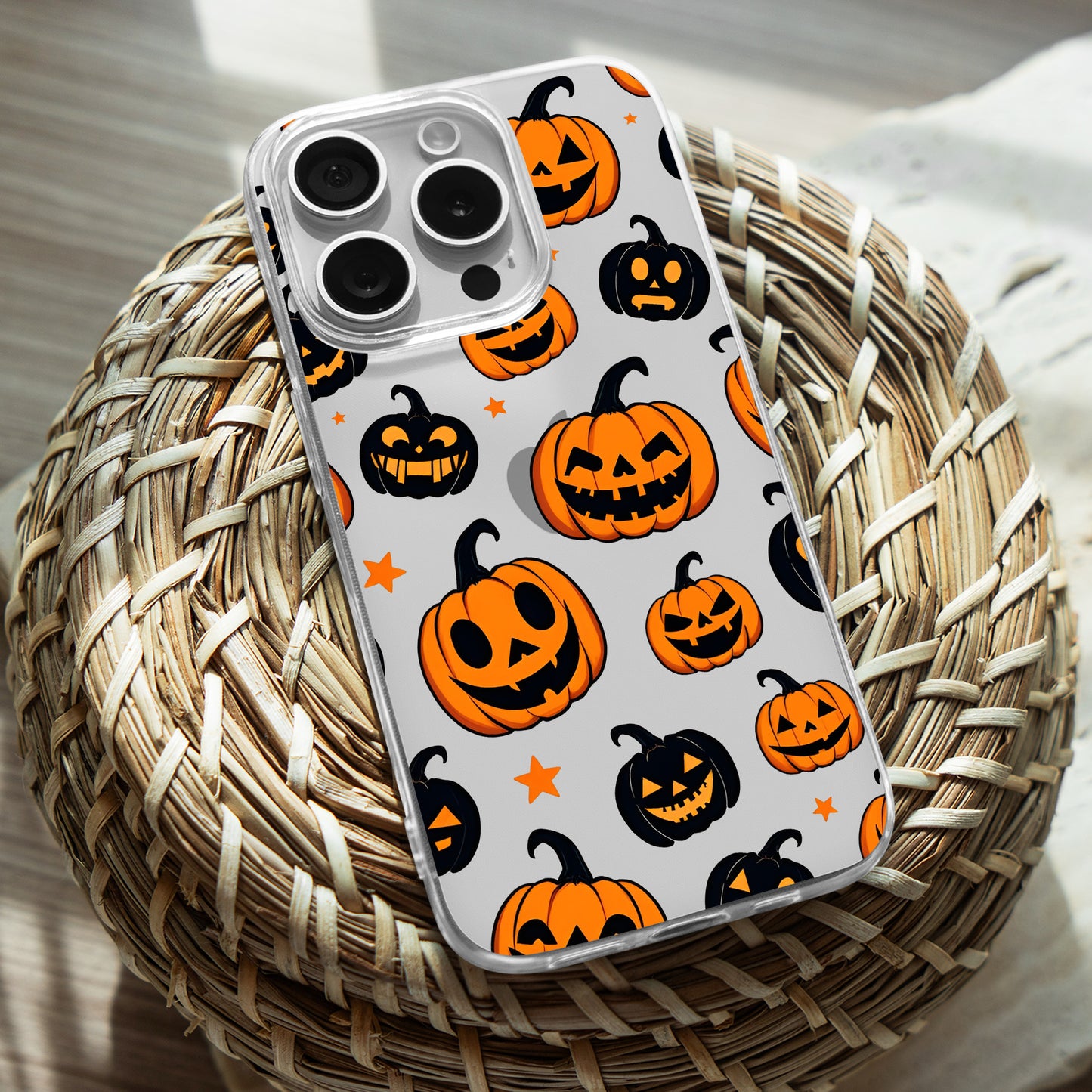 Jack O Lantern Orange - Black Faces TPU Clear Case for iPhone & Samsung Phones