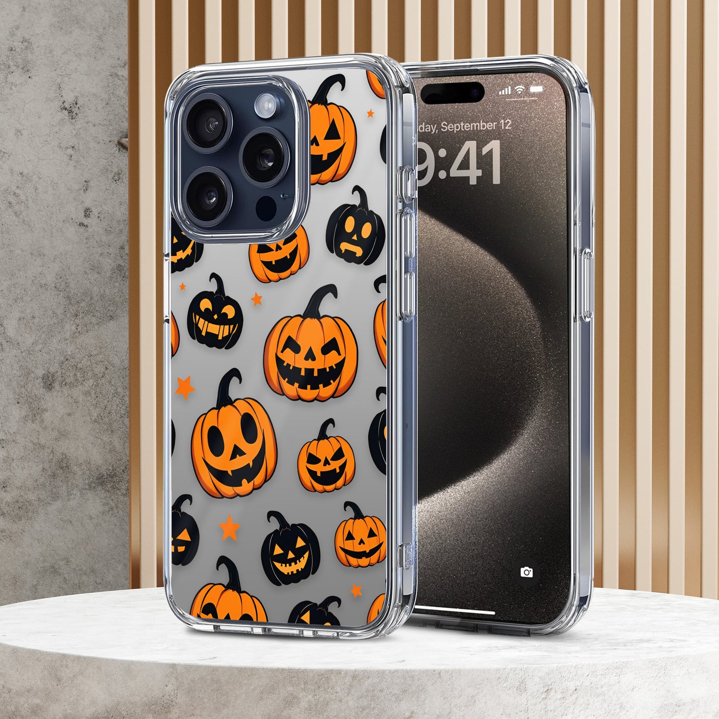 Jack O Lantern Orange - Black Faces TPU Clear Case for iPhone & Samsung Phones