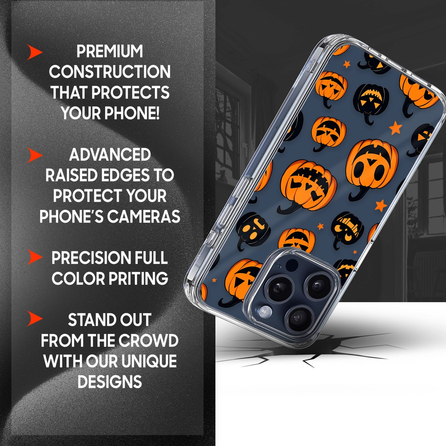 Jack O Lantern Orange - Black Faces TPU Clear Case for iPhone & Samsung Phones