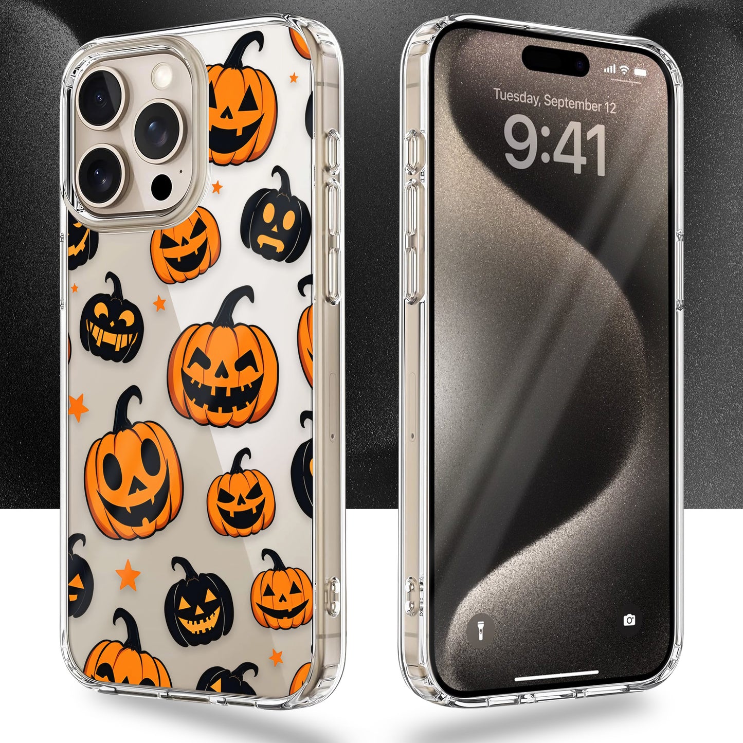 Jack O Lantern Orange - Black Faces TPU Clear Case for iPhone & Samsung Phones