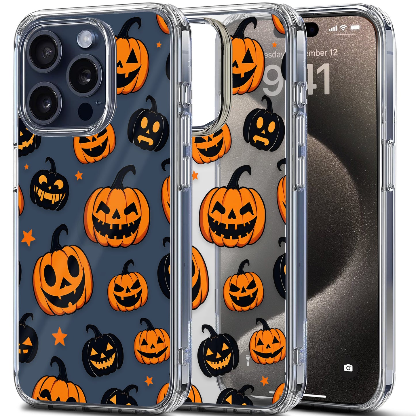 Jack O Lantern Orange - Black Faces TPU Clear Case for iPhone & Samsung Phones