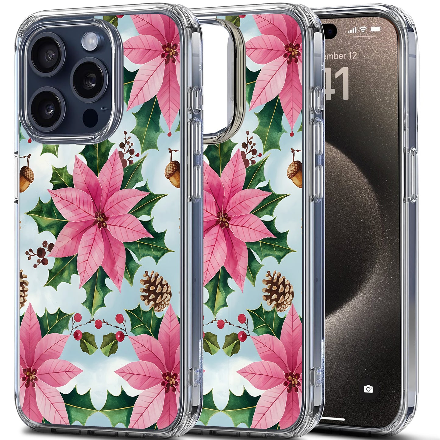 Poinsettia Pattern TPU Clear Case for iPhone & Samsung Phones