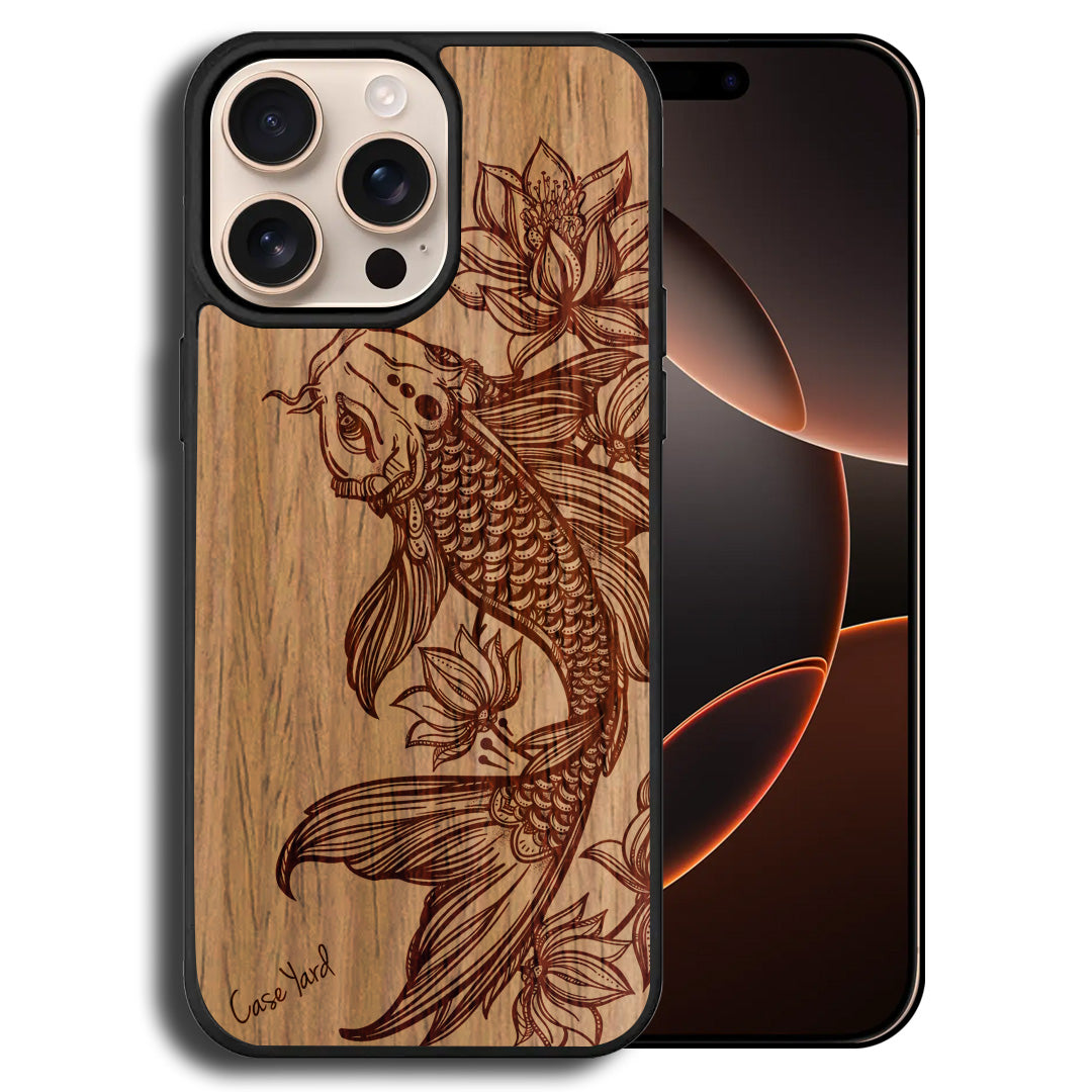 Floral Koi Fish Wooden Laser Engraved Phone Case