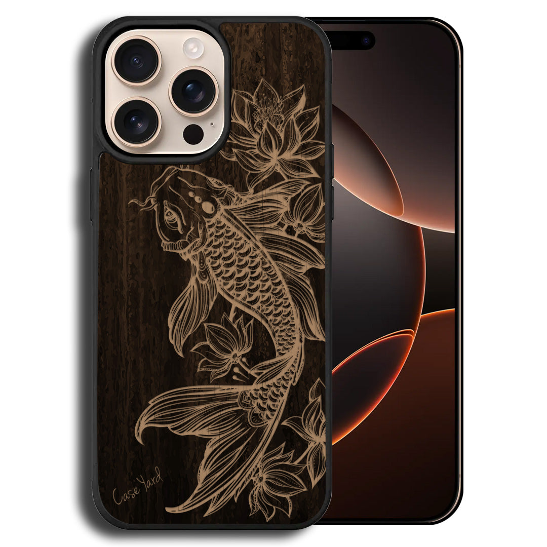 Floral Koi Fish Wooden Laser Engraved Phone Case