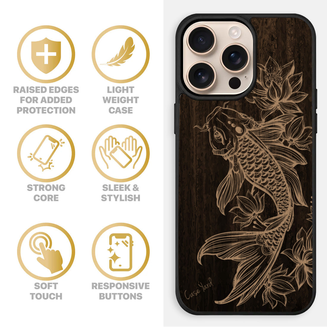 Floral Koi Fish Wooden Laser Engraved Phone Case