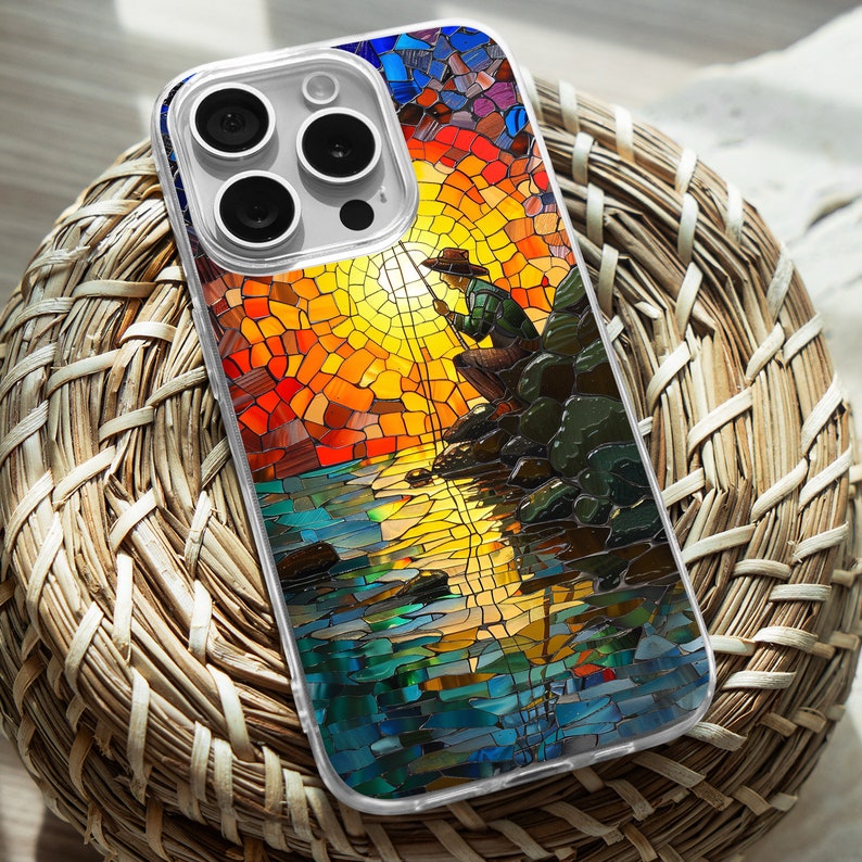 Fisherman Mosaic Design TPU Clear Case for iPhone & Samsung Phones