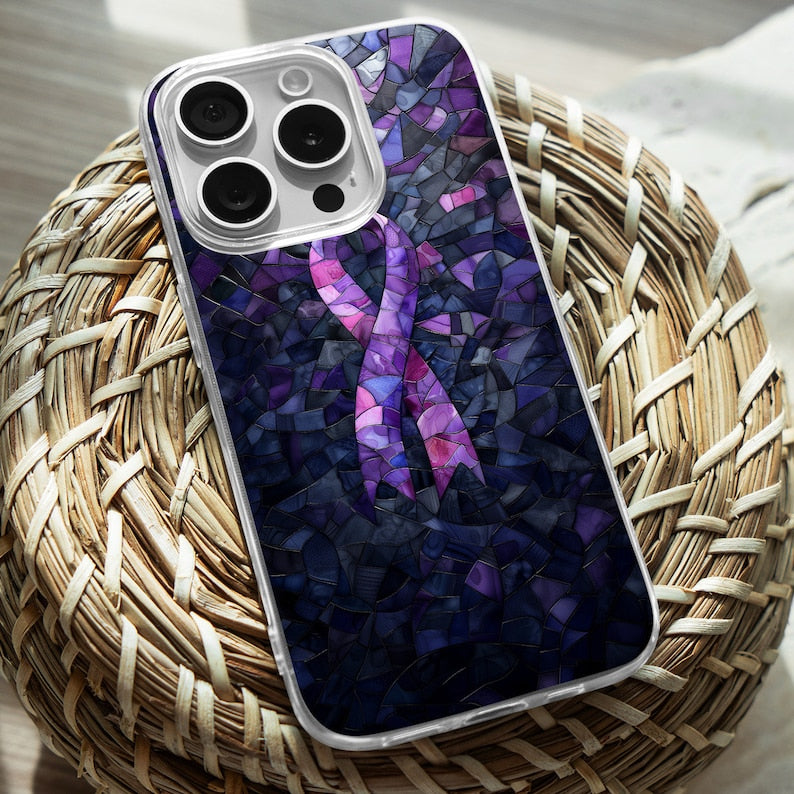 Purple Ribbon Mosaic Design TPU Clear Case for iPhone & Samsung Phones