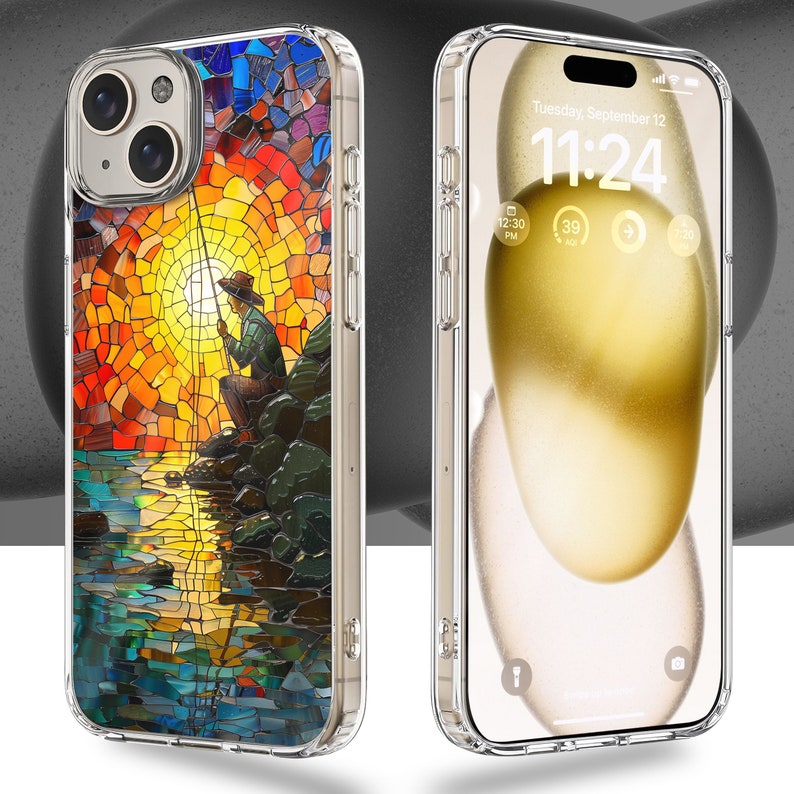 Fisherman Mosaic Design TPU Clear Case for iPhone & Samsung Phones