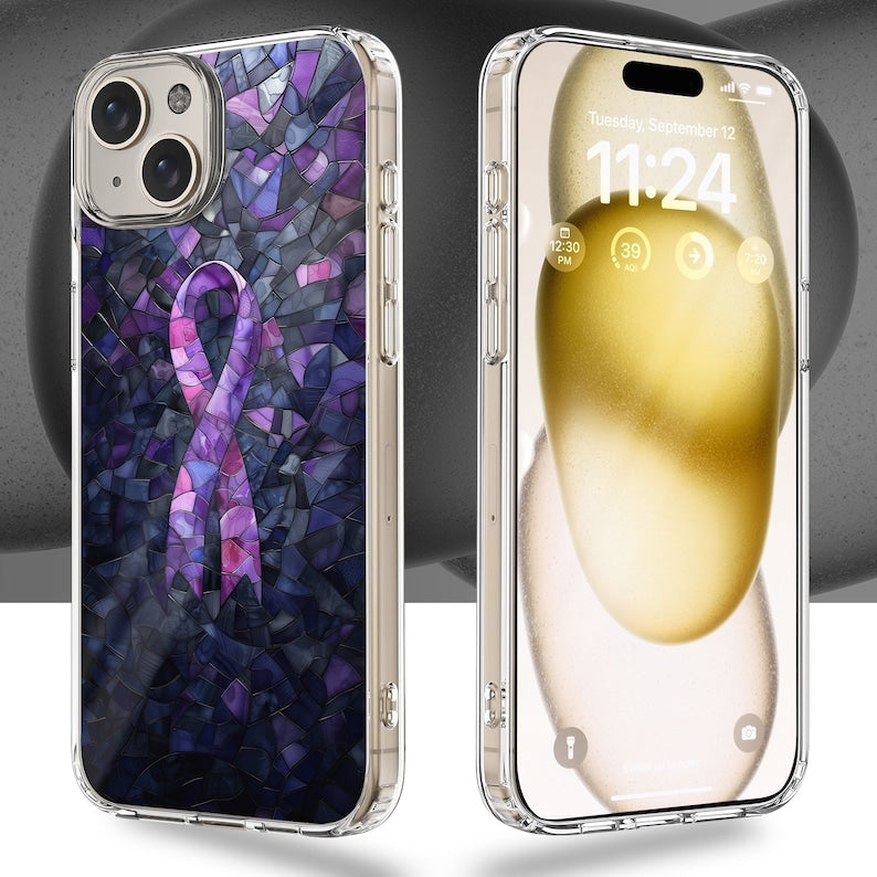 Purple Ribbon Mosaic Design TPU Clear Case for iPhone & Samsung Phones