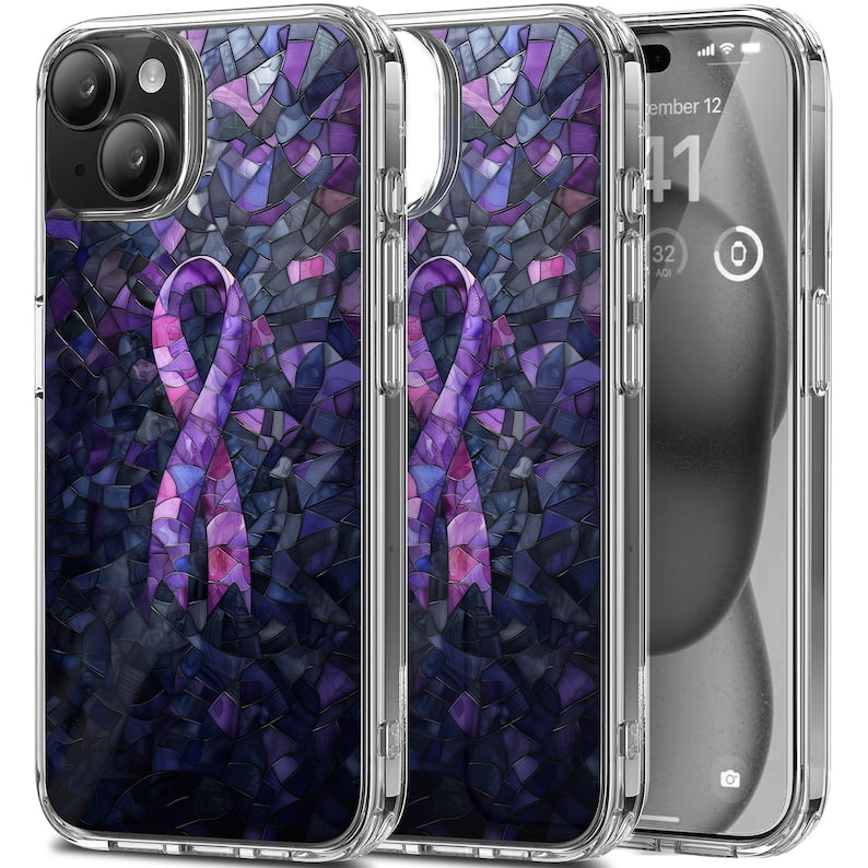 Purple Ribbon Mosaic Design TPU Clear Case for iPhone & Samsung Phones