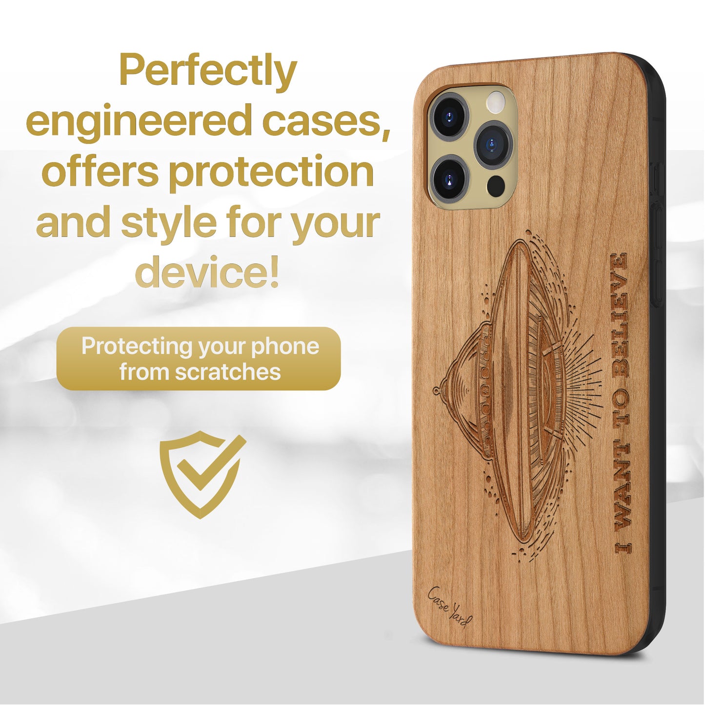 Wooden Cell Phone Case Cover, Laser Engraved case for iPhone & Samsung phone I Want to Believe Design