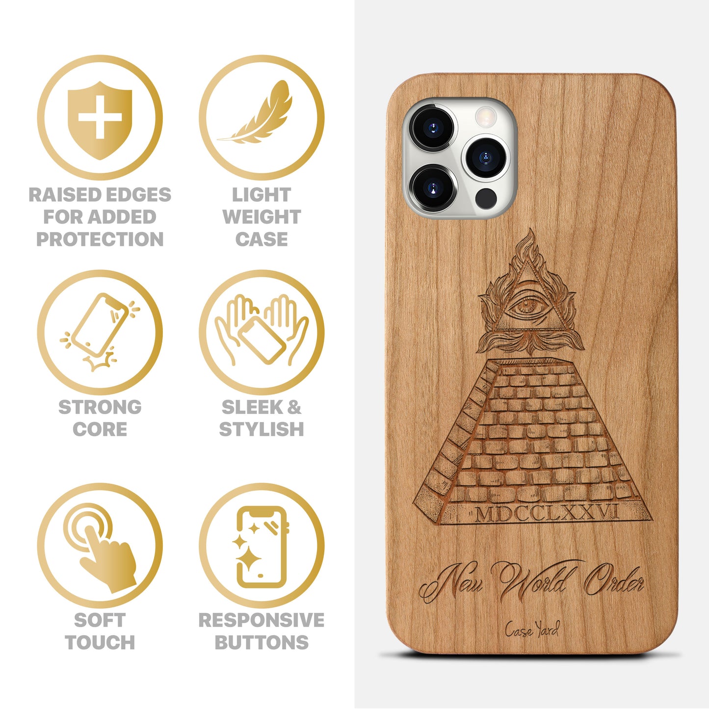 Wooden Cell Phone Case Cover, Laser Engraved case for iPhone & Samsung phone New World Order Design