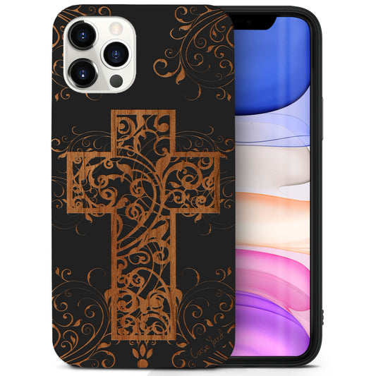 Wooden Cell Phone Case Cover, Laser Engraved case for iPhone & Samsung phone Cross Floral Design